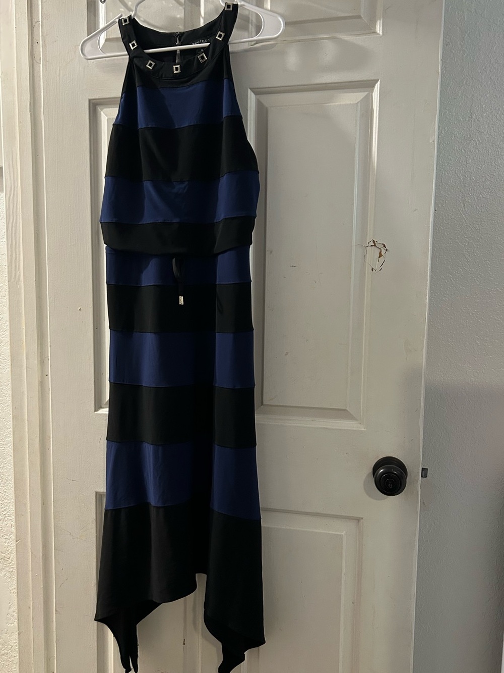 White House Black Market Black and Navy Striped Halter High-Low Dress